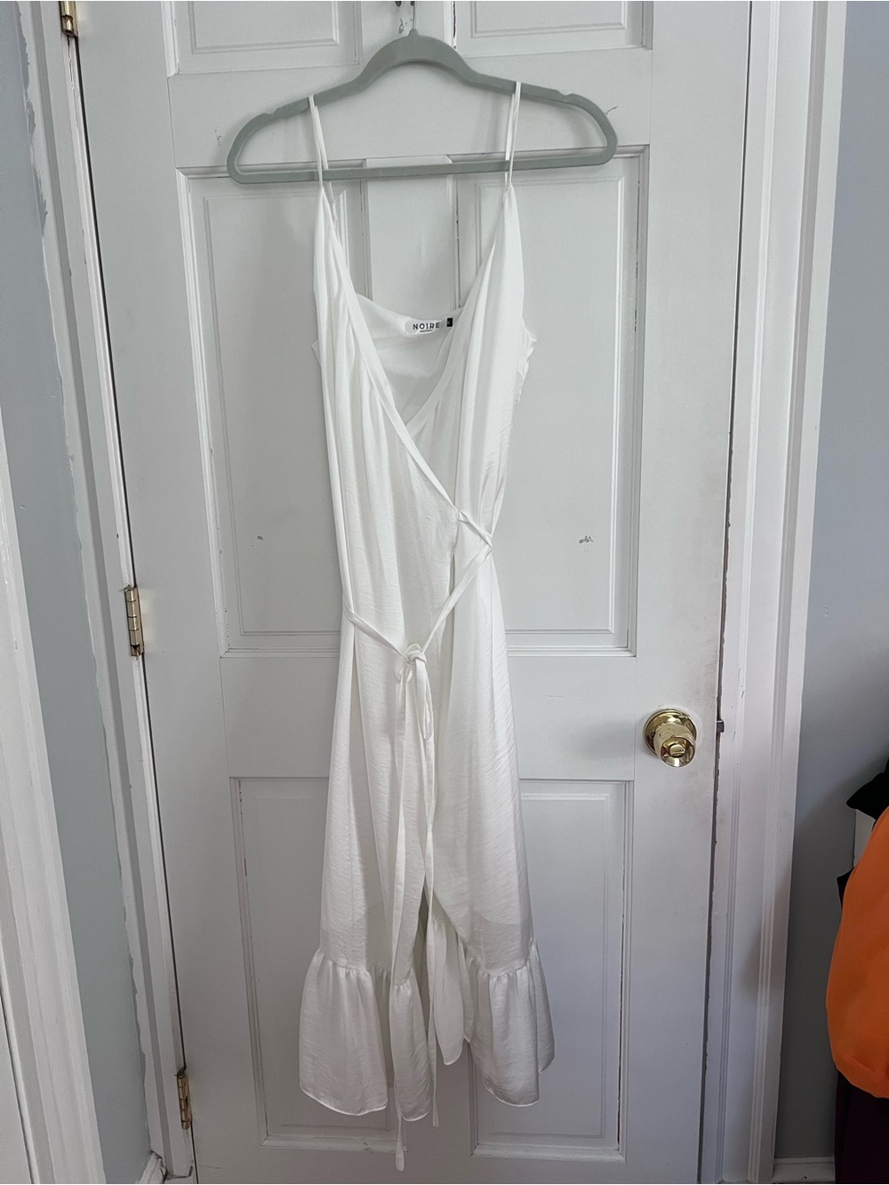 Noire NoireBrand White Satin Midi Wrap Dress with Spaghetti Straps